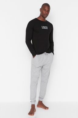 Siyah %100 Pamuk Slogan Bask?l? Regular Fit Orme Pijama Tak?m? TMNAW23PT00017 - Trendyolmilla фото 5