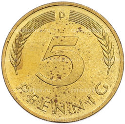 Монета 5 пфеннигов 1990 года D Западная Германия (ФРГ)