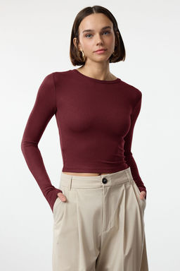 Bordo Premium Viskon Bisiklet Yaka Crop Esnek Orme Bluz TWOAW24BZ00116