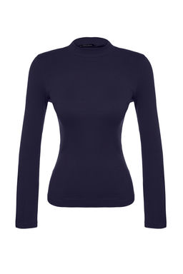 Trendyolmilla Lacivert Dugmeli Fitilli Dik Yaka Fitted/Vucuda Oturan Pamuklu Esnek Orme Bluz TWOAW24BZ00273  фото 6