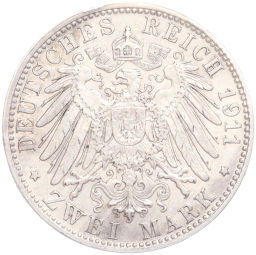 Монета 2 марки 1911 года D Германия (Бавария) 90 лет со дня рождения Луитпольда Баварского