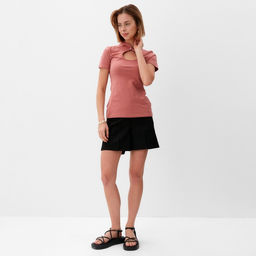 Футболка женская с вырезом MINAKU: Basic line, пыльная роза, размер 46