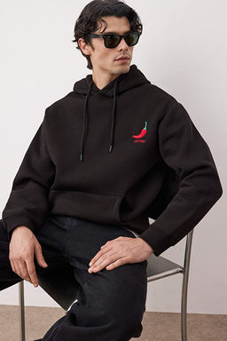 Siyah Biber Nak__l_ Oversize/Geni_ Kesim __i Polarl_ Kap__onlu Sweatshirt TMNAW25SW00016