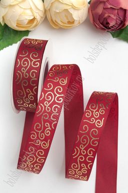 Лента репсовая 2,5 см*20 ярд "Узор" SF-5852, бордовый/золото №37