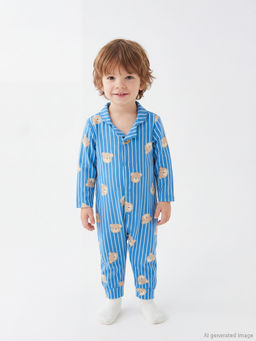 G?mlek Yaka Ay?c?k Bask?l? Erkek Bebek Tulum