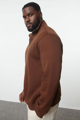 Kahverengi Buyuk Beden Oversize Dik Yaka Fermuarl? Ici Polarl? Sweatshirt TMNAW24AO00024
