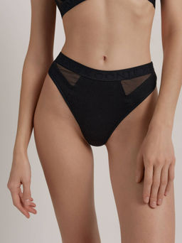 CONTE RIB WITH MESH LBR 2496 Трусы бразилиана из хлопка в рубчик и эластичной сеточки black