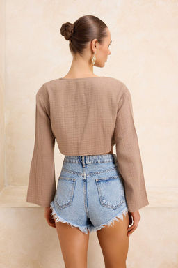 Ekru Dokuma Baglama Detayl? Crop Muslin 100% Pamuk Plaj Gomlek TBESS26GO00001 - Trendyolmilla фото 10