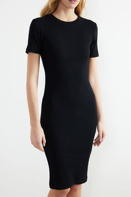 Siyah Bisiklet Yaka Fitilli Esnek Orme Midi Kalem Elbise TWOSS24EL00486 - Trendyolmilla фото 5