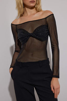 Siyah Duz Carmen Yaka Uzun Orme Tul Body TPRAW26BD00019 - Trendyolmilla фото 3
