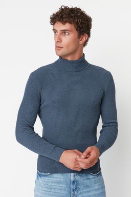 TRENDYOL MAN Lacivert Slim Fit Pamuklu Bal?kc? Yaka Fitilli Orgu Kazak TMNAW20MG0031