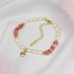 Браслет из Родохрозита и Жемчуга с подвеской "Сердце" 18,5 см +