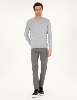 A__k Gri Slim Fit Bisiklet Yaka Y_n Kar___ml_ Basic Triko Kazak
