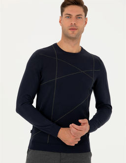 Lacivert Slim Fit Bisiklet Yaka Y_n Kar___ml_ Triko Kazak - Pierre cardin фото 2