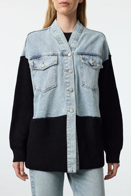 Mavi Siyah Triko Detayl? Kontrast Renk Bloklu Oversize Denim Ceket TWOAW25CE00025 - Trendyolmilla фото 4