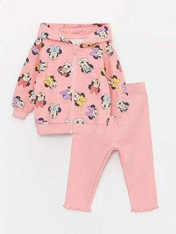 Kap??onlu Uzun Kollu Minnie Mouse Bask?l? K?z Bebek Fermuarl? Sweatshirt ve Tayt 2li