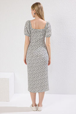 Beyaz Cicekli Midi Carmen Yaka Y?rtmacl? Bodycone/Vucuda Oturan Orme Elbise TWOSS25EL00161 - Trendyolmilla фото 5