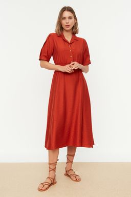 Turuncu A Kesim Gomlek Yaka Gipeli Midi Dokuma Elbise TWOSS21EL1023