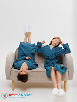 Подростковый вафельный халат с капюшоном темно-бирюзовый В-18 (23)