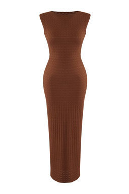 TRENDYOLMILLA Haki Dokulu Kumas Fitted/Vucuda Oturan Ay Kol Esnek Orme Midi Kalem Elbise TWOSS24EL00103  фото 32