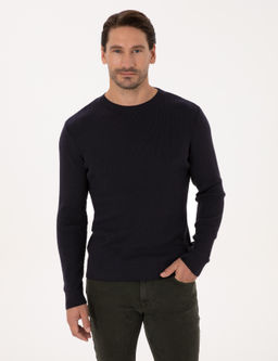 Lacivert Slim Fit Pamuk Kar___ml_ Bisiklet Yaka Selanik _rg_ Triko Kazak