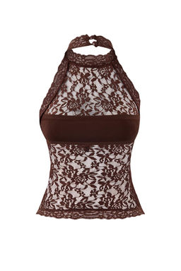 Koyu Kahverengi Dantel Yar?m Astarl? Halter Yaka Party Bluz TPRSS26BZ00003