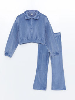 Polo Yaka Kadife K?z ?ocuk Sweatshirt ve Tayt