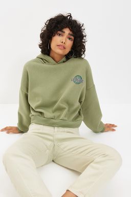Mint S?rt Bask? Detayl? Kapusonlu Kal?n Ici Polarl? Orme Sweatshirt TWOAW22SW0711