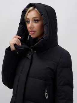 Куртка зимняя женская с капюшоном удлиненная стеганная черного цвета 9629Ch - Mtforce фото 8