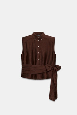 LINEN BLEND SHOULDER PAD TOP WITH BELT - Zara фото 7