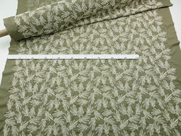 Полулен вышитый рисунок Дубовые листочки цв.хаки, ш.1.35м(выш.часть1.2м), хл-50%, лен-50% - Купава фото 2