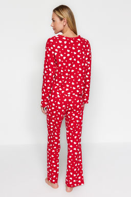 Trendyolmilla K?rm?z? %100 Pamuklu Kalpli Tshirt-Pantolon Orme Pijama Tak?m? THMAW24PT00124