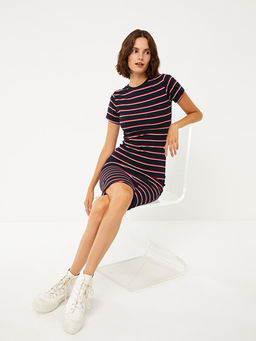 Bisiklet Yaka ?izgili K?sa Kollu Kad?n Bodycon Elbise