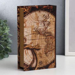 Шкатулка книга-сейф «Старые карты и золотой компас», дерево и искусственная кожа, с замком, 21×13×5 см