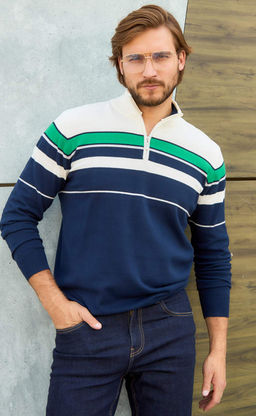 Джемпер мужской с воротом на молнии F221-15-1747 сине-зелёный