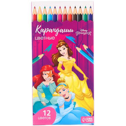 Карандаши 12 цветов Принцессы, заточенные, шестигранные, картонная упаковка, европодвес, Принцессы