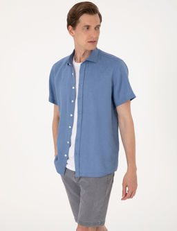Mavi %100 Keten Regular Fit K_sa Kollu G_mlek
