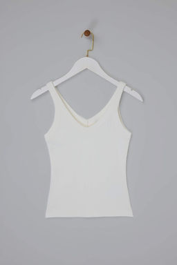 Ekru Regular V Yaka Kal?n Ask?l? Kolsuz Fitilli Esnek Orme Atlet TWOSS26AL00027