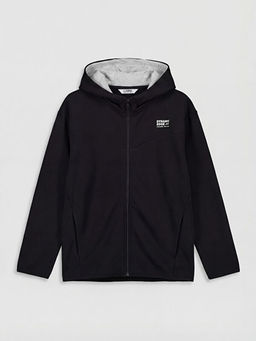 Kap??onlu Bask?l? Erkek ?ocuk Fermuarl? Sweatshirt