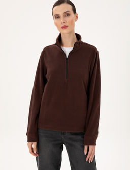 Kahverengi Comfort Fit Fermuarl_ Polar Sweatshirt