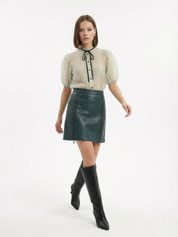 Юбка короткая из эко-кожи с молниями OD-1004-2, зеленая