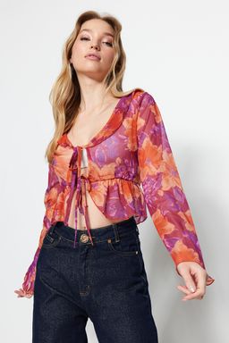 Pembe Cicek Desenli Baglama ve F?rf?r Detayl? Crop Esnek Tul Orme Bluz TWOSS23BZ00207