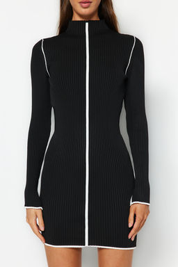 Siyah Mini Renk Bloklu Vucuda Oturan Triko Elbise TWOAW24EL00041