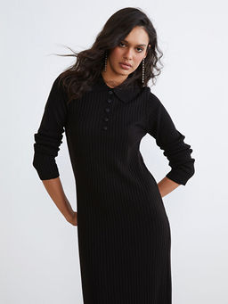 Polo Yaka Fitilli Triko Elbise