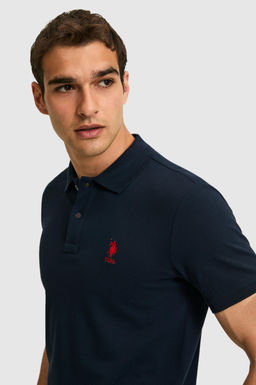 Erkek Slim Fit Polo Yaka Koyu Lacivert Basic Ti__rt