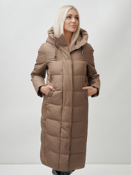 Пальто утепленное стеганное зимнее с капюшоном женское коричневого цвета 9606K