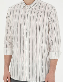 Siyah Keten Kar___ml_ Slim Fit Uzun Kollu G_mlek