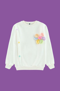 Ac?k Turuncu Pamuklu Cicekli K?z Cocuk Regular Orme Sweatshirt TKDAW25SW00020 - Trendyolmilla фото 3