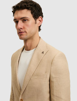 Bej Slim Fit Y_n Keten Kar___ml_ Mikro Desen K_rlang__ Yaka Ceket