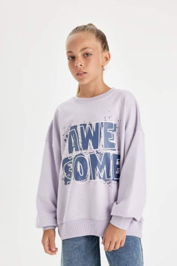 Сиреневый свитшот оверсайз с широким кроем и круглым вырезом с принтом для девочек - Defacto фото 4